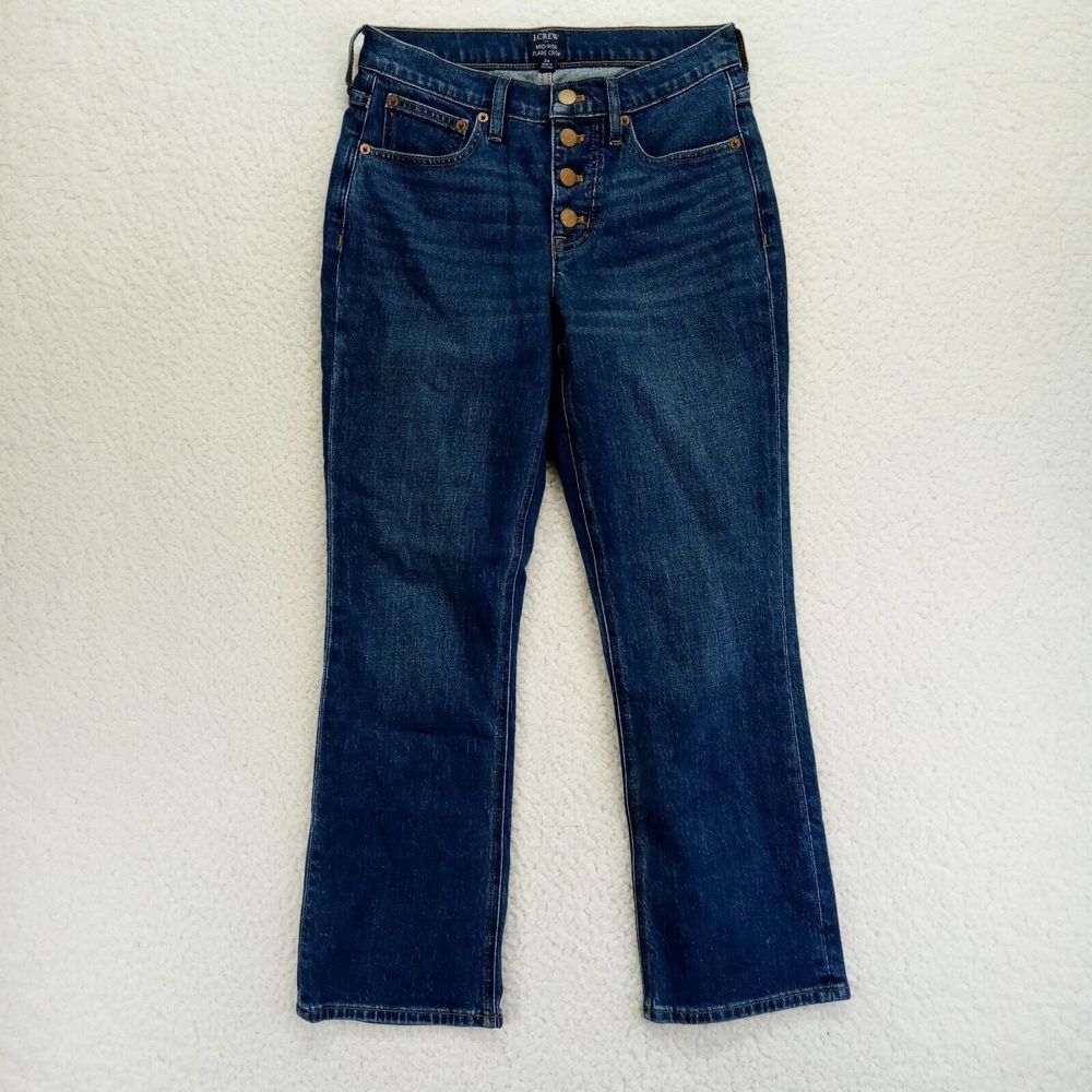 J Crew Jeans Midrise Flare Crop Womens 24 Stretch Denim Cotton Blend Dark Button